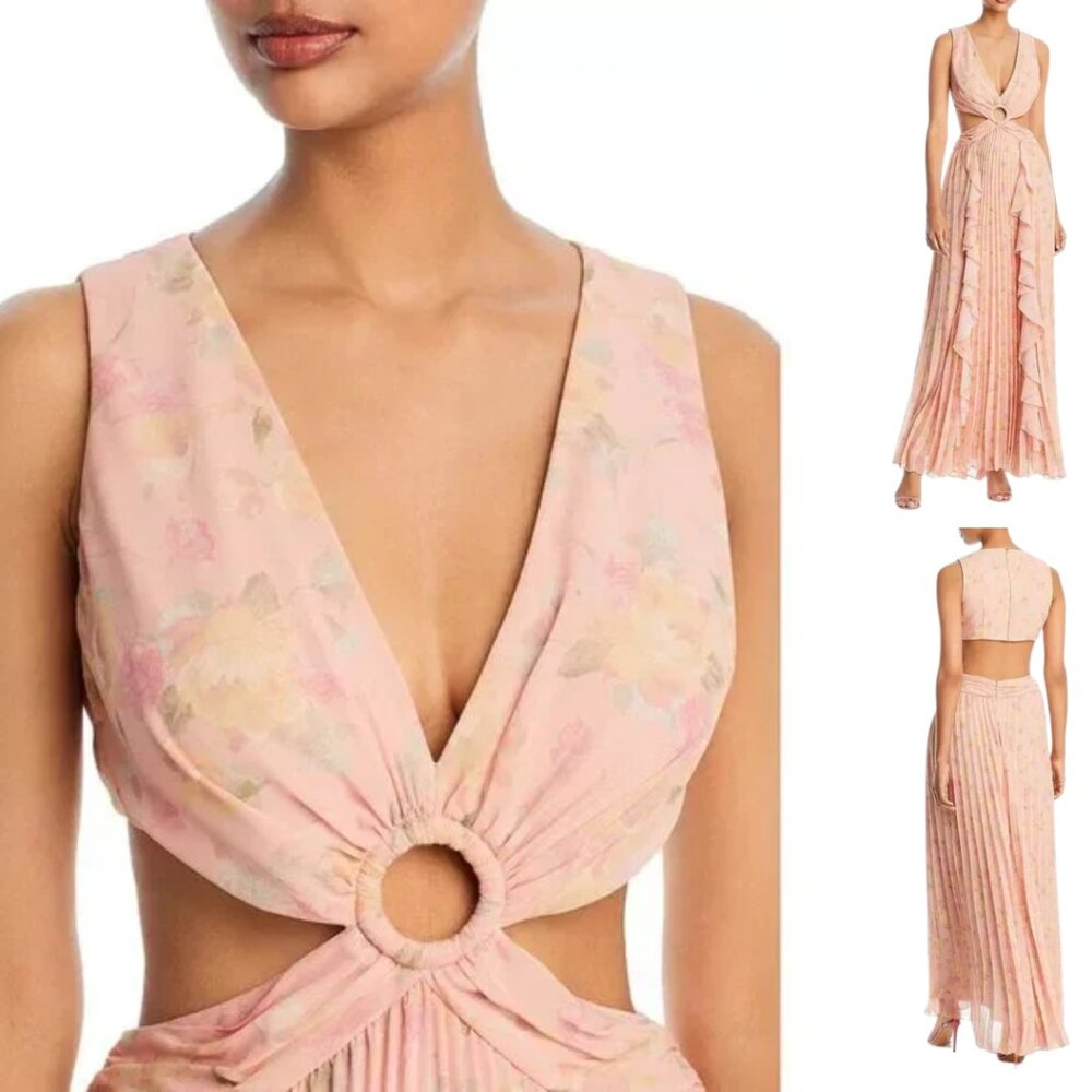 Aqua Size 10 Pink Pastel Multicolor Floral Print Chiffon Long Maxi Dress Gown